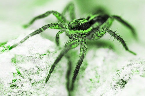 Standing Wolf Spider Guarding Rock Top (Green Tone Photo)