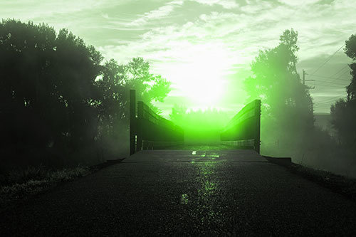 Sun Rises Beyond Foggy Wooden Walkway Bridge (Green Tone Photo)