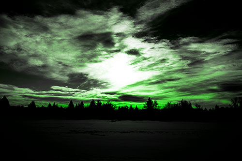 Sun Vortex Illuminates Clouds Above Dark Lit Lake (Green Tone Photo)