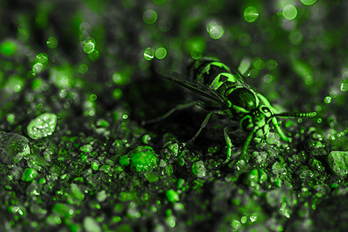 Thirsty Yellowjacket Wasp Among Soaked Sparkling Rocks (Green Tone Photo)