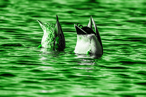 Two Ducks Upside Down In Lake (Green Tone Photo)