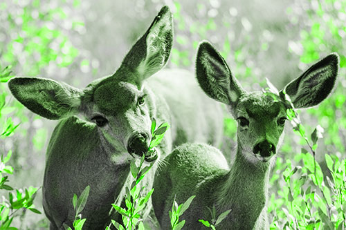 Two Mule Deer Enjoying Leafy Breakfast (Green Tone)