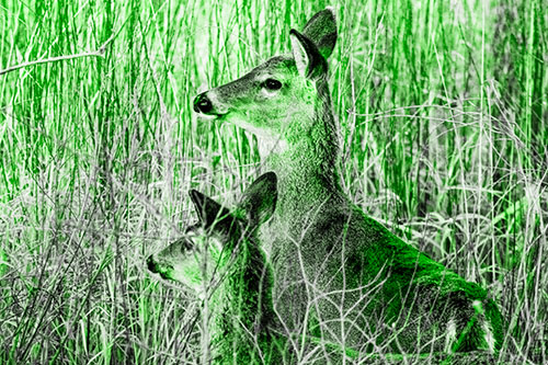 Two White Tailed Deer Scouting Terrain (Green Tone Photo)