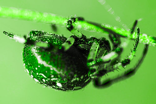 Upside Down Furrow Orb Weaver Spider Crawling Along Stem (Green Tone Photo)