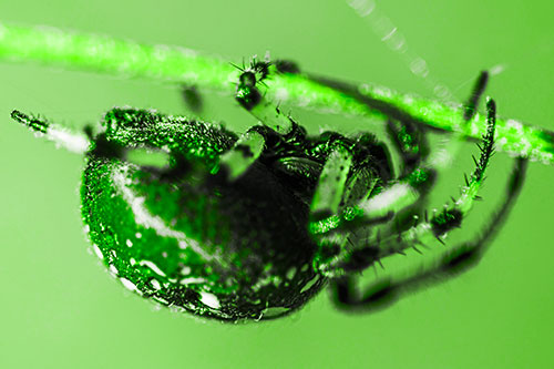 Upside Down Furrow Orb Weaver Spider Crawling Along Stem (Green Tone)