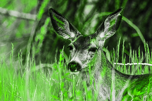 White Tailed Deer Sitting Among Tall Grass (Green Tone Photo)