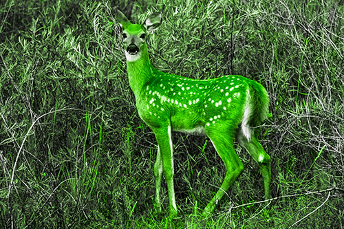 White Tailed Spotted Deer Stands Among Vegetation (Green Tone Photo)