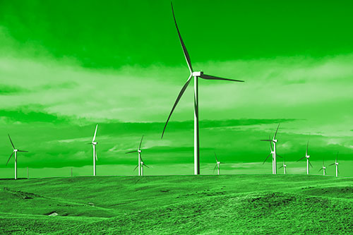 Wind Turbine Cluster Scattered Across Land (Green Tone Photo)