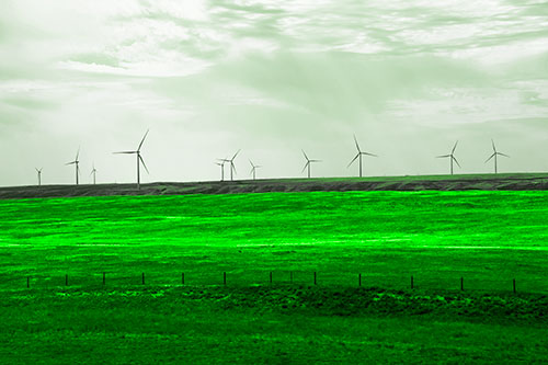 Wind Turbines Scattered Along Prairie Horizon (Green Tone)