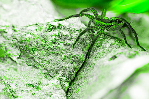 Wolf Spider Crawling Over Cracked Rock Crevice (Green Tone Photo)