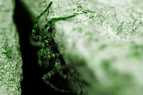 Wolf Spider Peeking Out Rock Crevice (Green Tone)