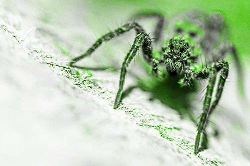 Wolf Spider Watching Among Sloping Rock (Green Tone)