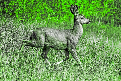 Young Mule Deer Galloping Across Grassland (Green Tone)