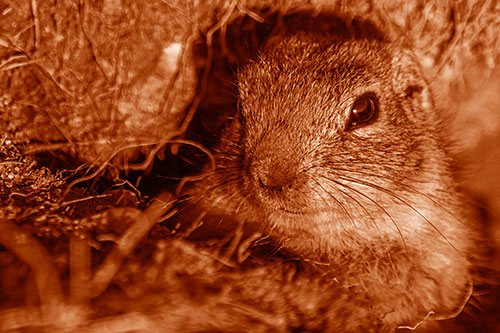 Curious Prairie Dog Watches From Dirt Tunnel Entrance (Orange Shade Photo)