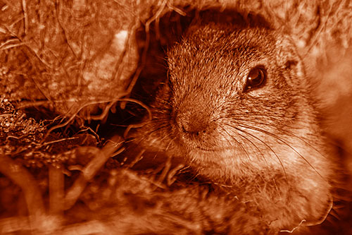 Curious Prairie Dog Watches From Dirt Tunnel Entrance (Orange Shade)