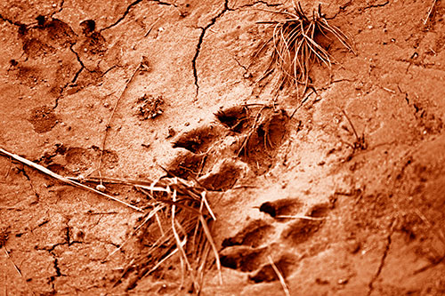 Dog Footprints On Dry Cracked Mud (Orange Shade Photo)