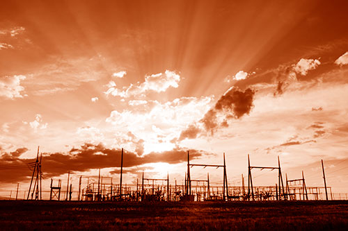 Electrical Substation Sunset Bursting Through Clouds (Orange Shade Photo)