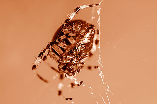 Furrow Orb Weaver Spider Descends Down Web (Orange Shade Photo)