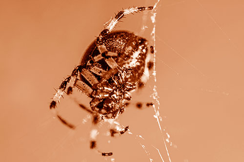 Furrow Orb Weaver Spider Descends Down Web (Orange Shade)