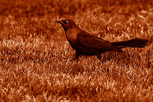 Grackle Walking Among Fresh Cut Grass (Orange Shade)