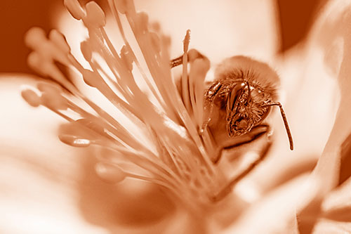 Honey Bee Crawling Among Columbine Flower (Orange Shade)