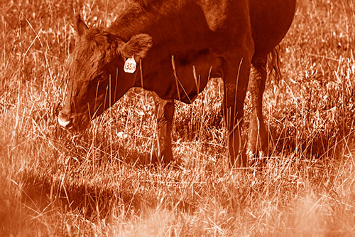 Hungry Cow Enjoying Grassy Meal (Orange Shade Photo)