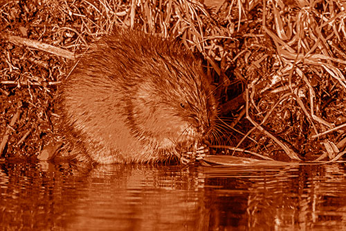 Hungry Muskrat Chews Water Reed Grass Along River Shore (Orange Shade Photo)