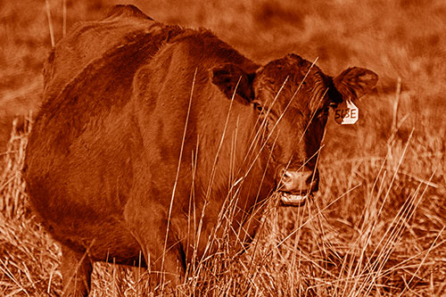 Hungry Open Mouthed Cow Enjoying Hay (Orange Shade Photo)