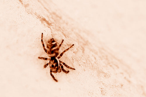 Jumping Spider Crawling Down Wood Surface (Orange Shade Photo)