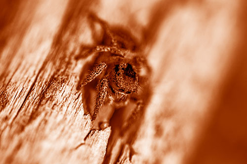 Jumping Spider Perched Among Wood Crevice (Orange Shade Photo)