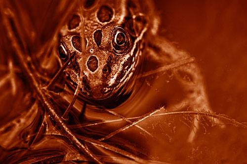 Leopard Frog Stares Among Shoreline Water (Orange Shade Photo)