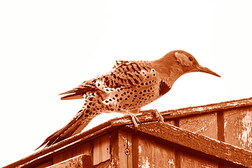 Northern Flicker Woodpecker Crouching Atop Birdhouse (Orange Shade Photo)