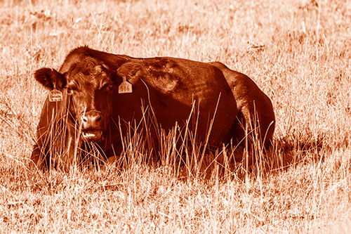 Open Mouthed Cow Resting On Grass (Orange Shade)