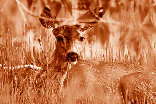 Resting White Tailed Deer Watches Surroundings (Orange Shade Photo)