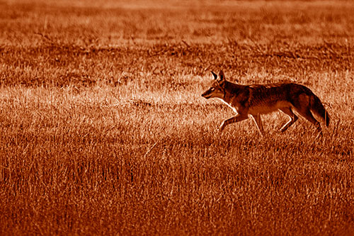 Running Coyote Hunting Among Grass Prairie (Orange Shade Photo)