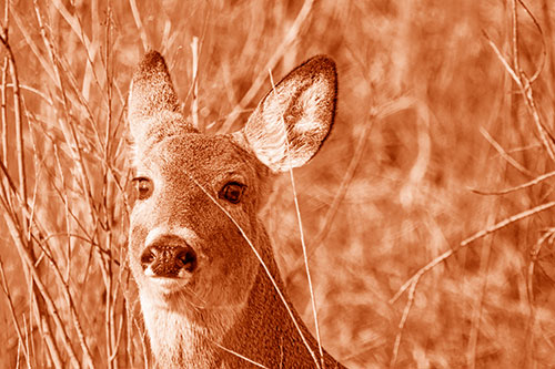 Scared White Tailed Deer Among Branches (Orange Shade Photo)