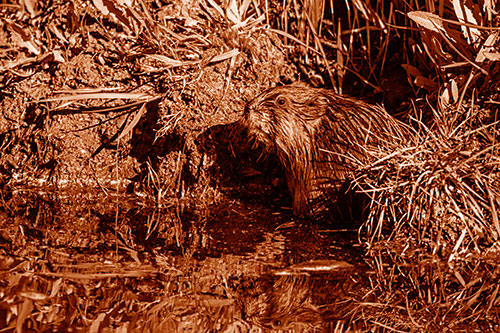 Shy Muskrat Sits Among Shallow Stream (Orange Shade)