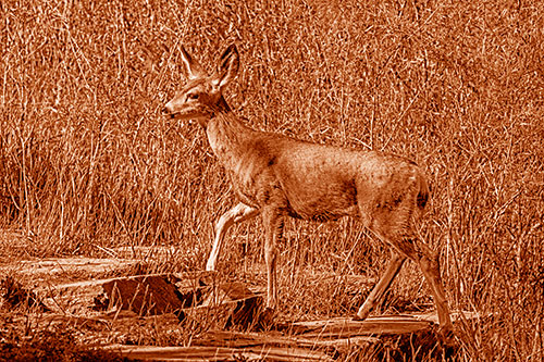 Side Glancing Mule Deer Walking Up Stepping Stones (Orange Shade)