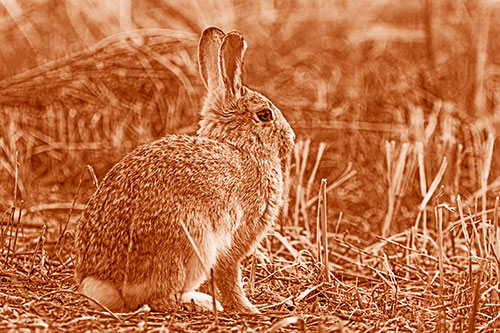 Sitting Bunny Rabbit Among Broken Plant Stems (Orange Shade Photo)