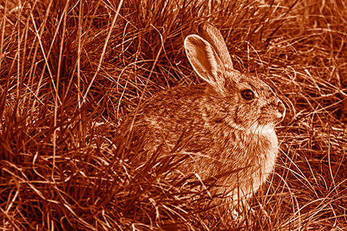 Sitting Bunny Rabbit Enjoying Sunrise Among Grass (Orange Shade Photo)