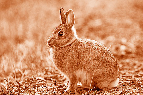 Sitting Bunny Rabbit Perched Beside Grass Blade (Orange Shade Photo)