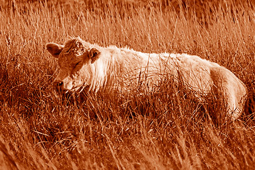 Sleeping Cow Resting Among Grass (Orange Shade Photo)