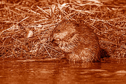 Soaked Muskrat Nibbles Grass Along River Shore (Orange Shade Photo)