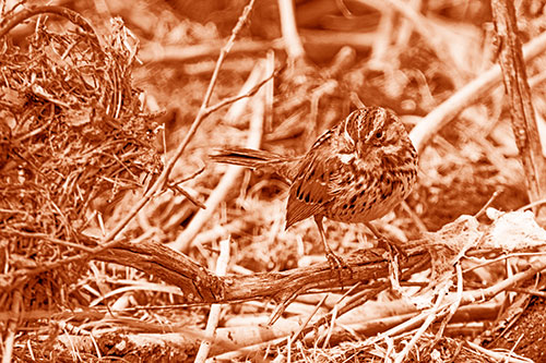 Song Sparrow Standing Atop Broken Branch (Orange Shade Photo)