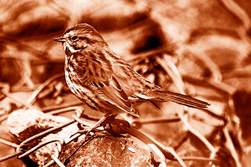 Squinting Song Sparrow Perched Atop Chain Link Fencing (Orange Shade Photo)
