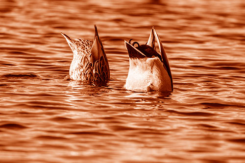 Two Ducks Upside Down In Lake (Orange Shade Photo)