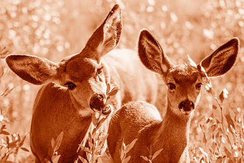 Two Mule Deer Enjoying Leafy Breakfast (Orange Shade)