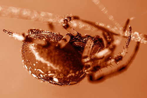 Upside Down Furrow Orb Weaver Spider Crawling Along Stem (Orange Shade Photo)