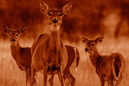 White Tailed Deer Trio Watch Among Wheatgrass (Orange Shade)