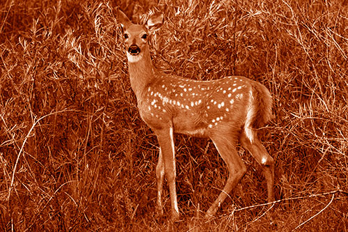 White Tailed Spotted Deer Stands Among Vegetation (Orange Shade Photo)